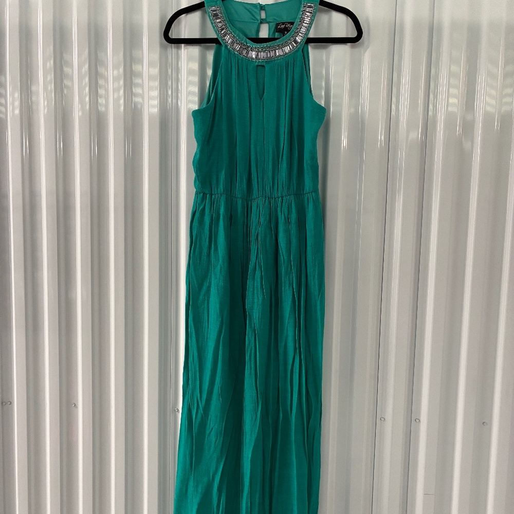 Green Gauze Maxi Dress with Bejeweled Collar Boho